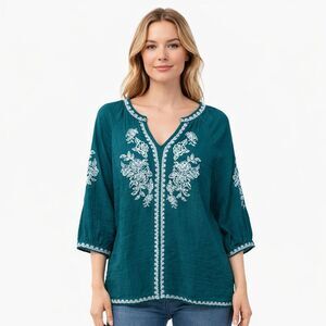 Soft Surroundings Tunic Blouse Womens Medium Green V Neck 3/4 Sleeve Top